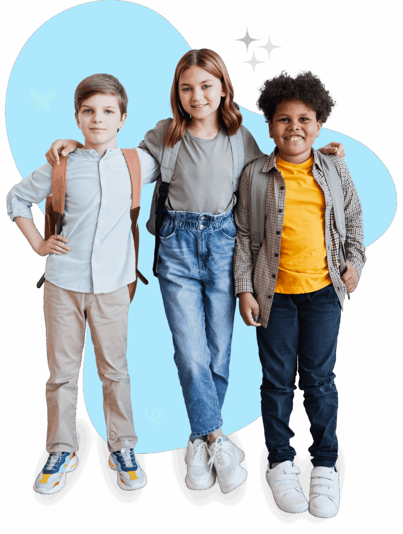 Three diverse children standing together, smiling.