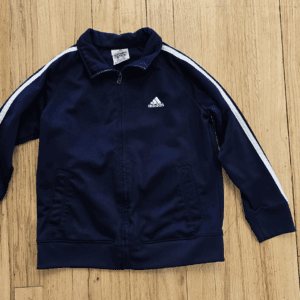 Navy blue Adidas jacket with white stripes on sleeves.