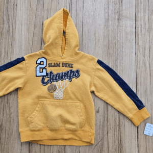 Yellow sports-themed hoodie with blue stripes and baseball design.