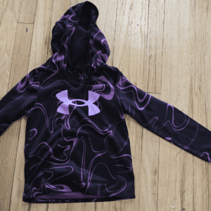 Black Under Armour hoodie with purple patterns and logo.