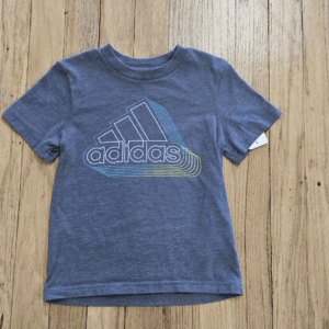 Gray Adidas t-shirt with colorful logo on wooden floor.
