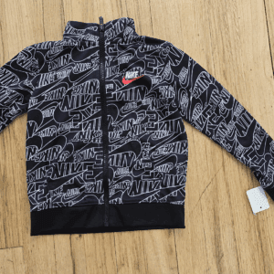Black and gray zip-up hoodie with repeating white logo pattern and red detail.