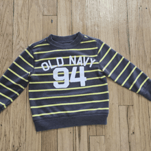 Children's striped Old Navy sweatshirt with number 94 on front.