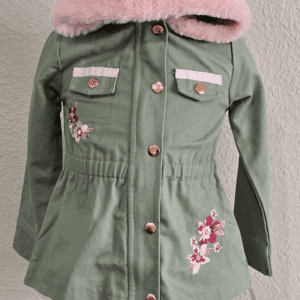 Green children's jacket with pink floral embroidery and a pink faux fur collar.