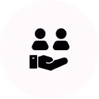 Icon of a hand holding two people figures on a pink background.