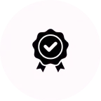 Black badge with a checkmark on pink background.